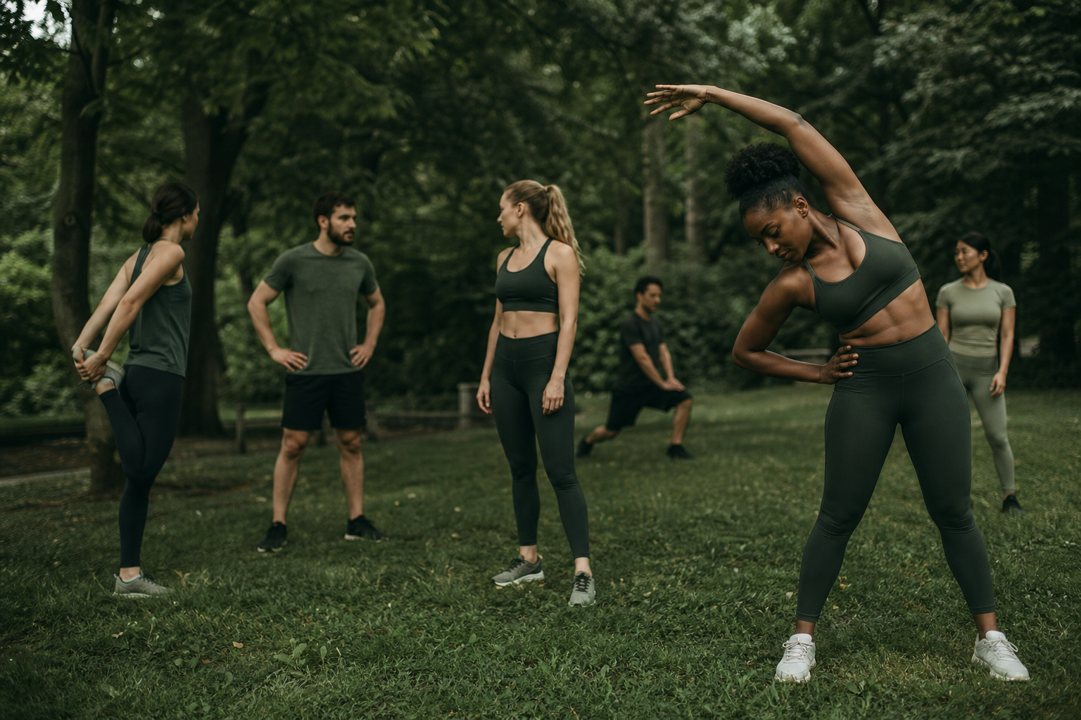 Shinessspark group stretching during a movement challenge